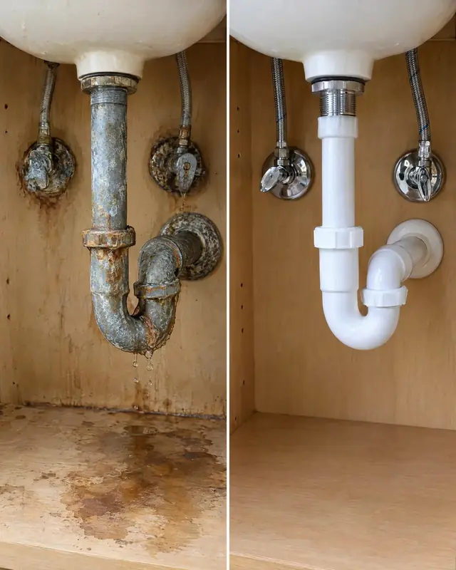 Before and after: corroded drain pipes under a sink replaced with new white PVC and chrome valves