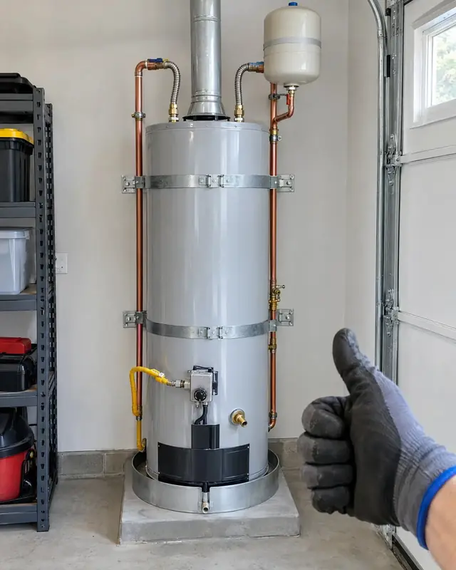 Newly installed tank water heater with copper lines and seismic straps in a clean garage