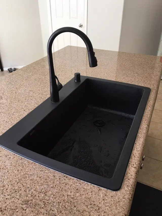 Black kitchen sink and matte black faucet on a granite counter